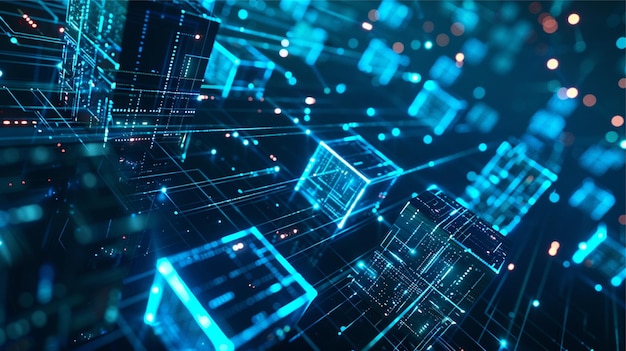3d render abstract background with blue cubes and neon lights