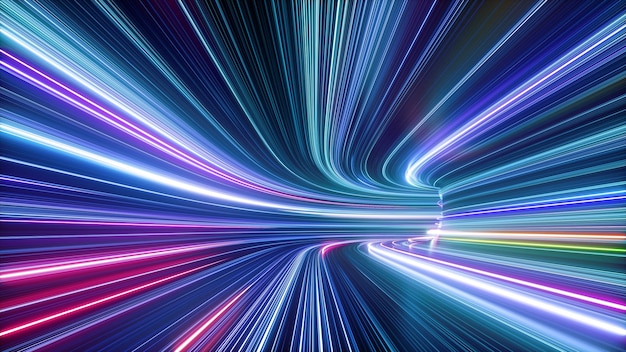 3d render abstract colorful neon background tunnel turning to the right ultra violet rays