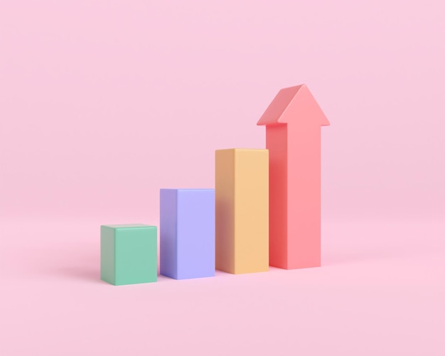 3d render arrow bar chart grow to success isolated on pink background. graphic rising achievement.