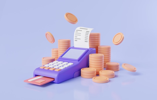 3d render illustration of pos terminal with receipt credit card and coins stack Pos terminal payment concept online shopping electronic bill payment money transactions online Credit card reader