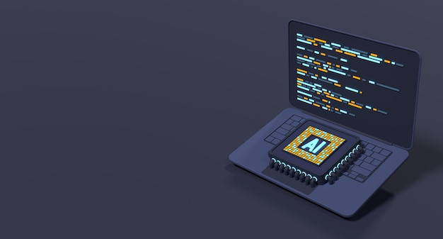 3D render laptop computer with microchip AI chip hardware concept Futuristic microchip on laptop Laptop artificial intelligence 3D rendering