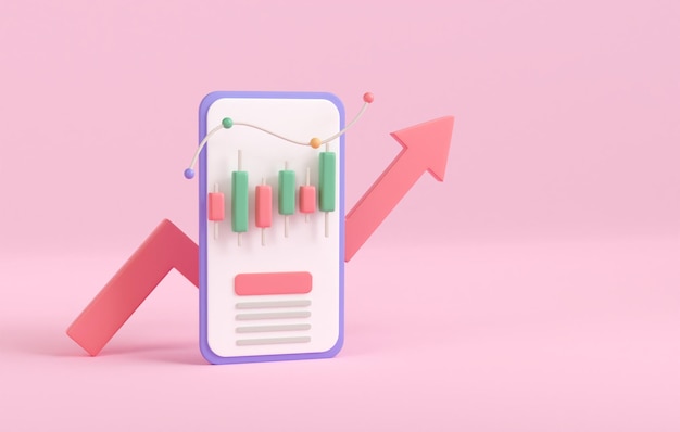 3d render mobile trading and graph witn arrow up business finance stock investment