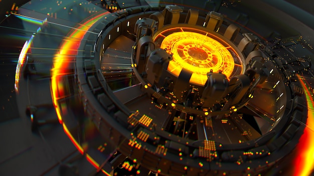3d render of complex computing structure with glowing element in the center of it. Artificial intelligence center concept.  CPU structure.