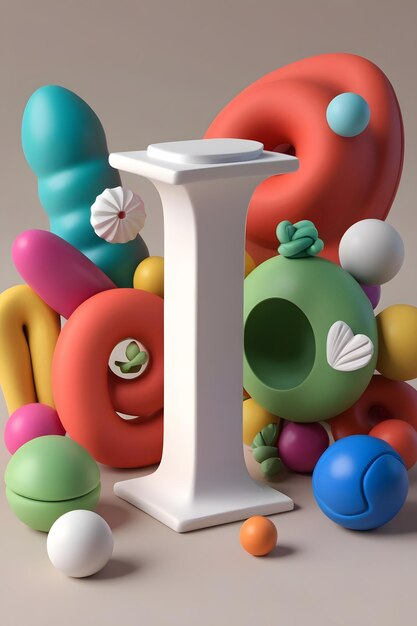 3d render of letter i surrounded by playful objects with claylike texture