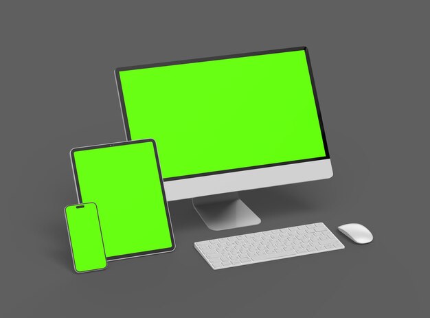3D Render of smartphone tablet desktop with green screens on a dark background