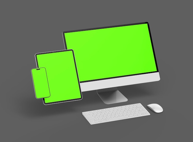 3D Render of smartphone tablet desktop with green screens on a dark background
