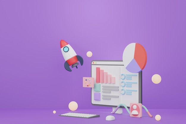 3d render SEO data an analytics User interface for web banner Graph chart for future planning
