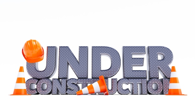 3d render Under Construction text with metal effect and security objetcs around on white background