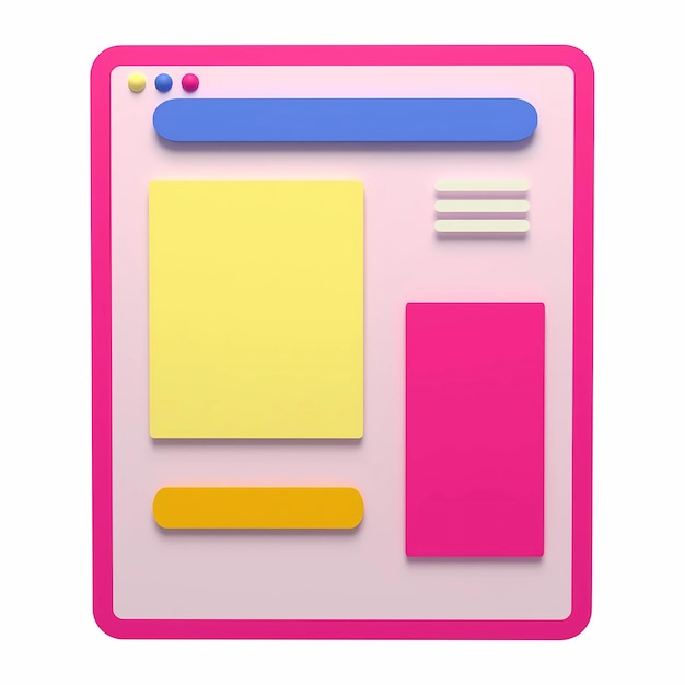 3D rendered UIUX mockup of a browser window displaying a website template with colorful elements