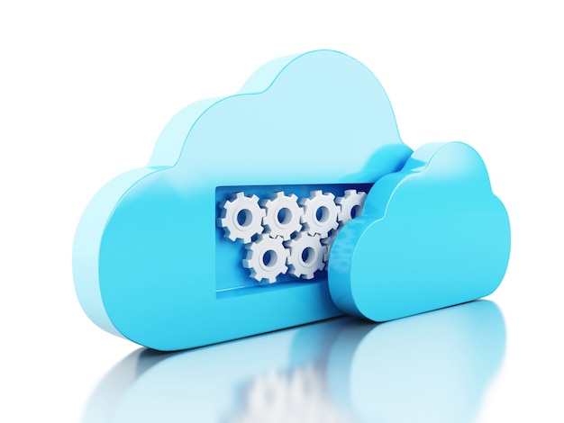 3d renderer image. Coud with gears. Cloud storage concept. Isolated white background.