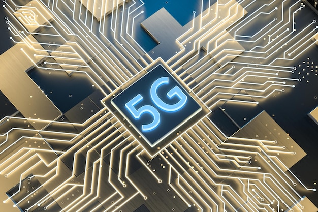 3d rendering 5g font and circuit background