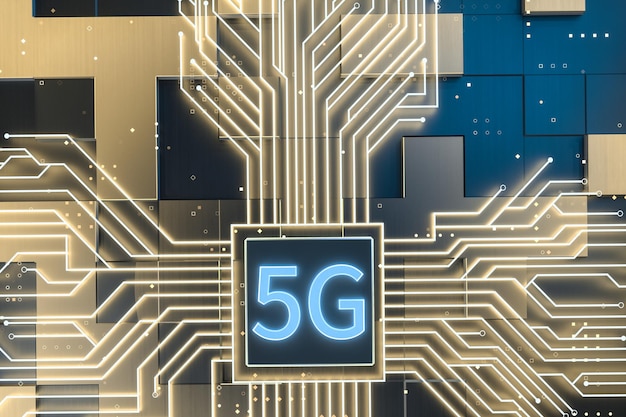 3d rendering 5g font and circuit background