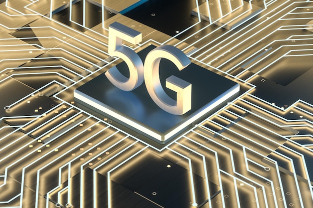 3d rendering 5g font and circuit background