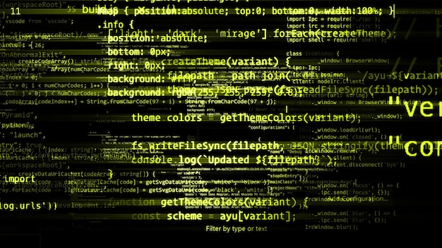 3D rendering abstract blocks of code that are in the virtual space. Camera inside the computer code