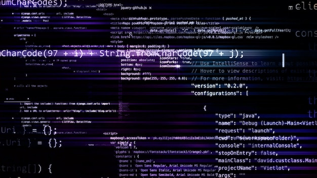 3D rendering abstract blocks of code that are in the virtual space. Camera inside the computer code