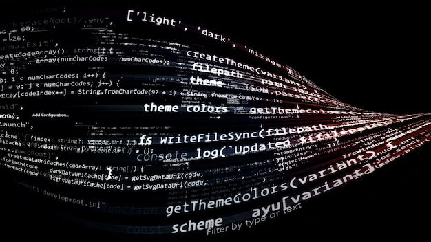 3D rendering abstract code in the virtual space. The computer code is bent in the form of a tape