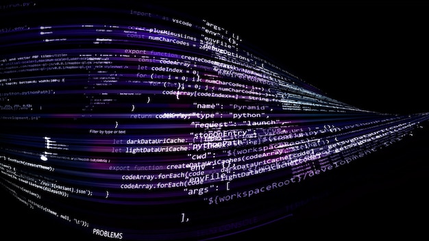 3D rendering abstract code in the virtual space. The computer code is bent in the form of a tape