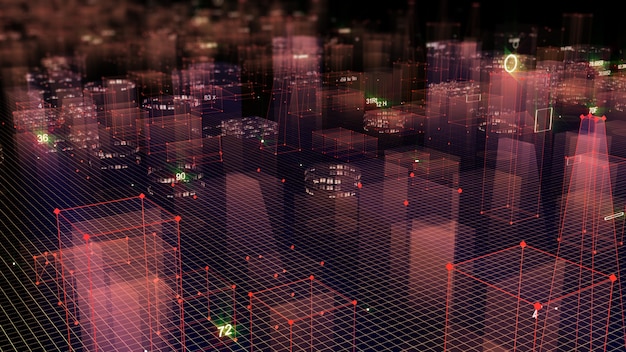3D Rendering abstract technological digital city from data in cyberspace, information storage in the information space