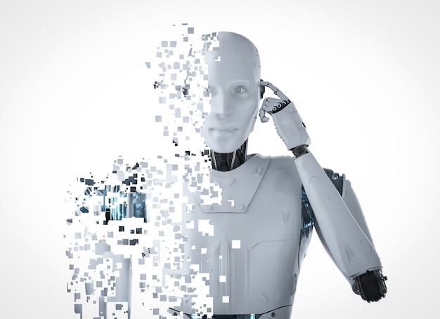 3d rendering ai robot explosion with pixelated effect