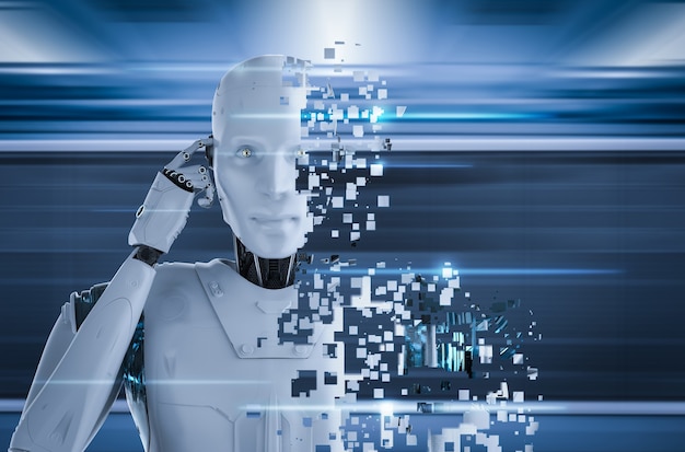 3d rendering ai robot explosion with pixelated effect