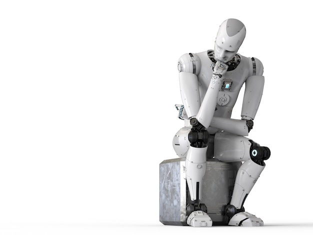 3d rendering android robot sit down and thinking