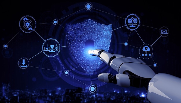 3D rendering artificial intelligence AI research of robot and cyborg development for future of people living Digital data mining and machine learning technology design for computer brain