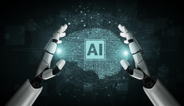 3D rendering artificial intelligence AI research of robot and cyborg development for future of people living Digital data mining and machine learning technology design for computer brain
