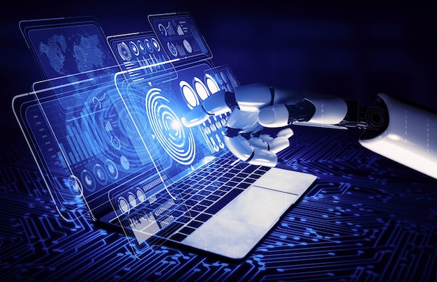 3D rendering artificial intelligence AI research of robot and cyborg development for future of people living Digital data mining and machine learning technology design for computer brain