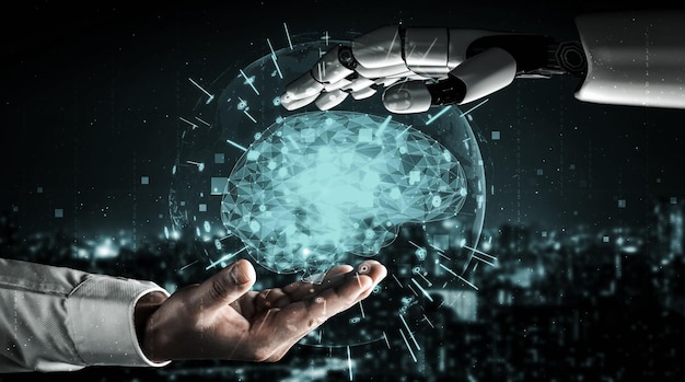3D rendering artificial intelligence AI research of robot and cyborg development for future of people living Digital data mining and machine learning technology design for computer brain