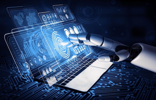 3D rendering artificial intelligence AI research of robot and cyborg development for future of people living Digital data mining and machine learning technology design for computer brain