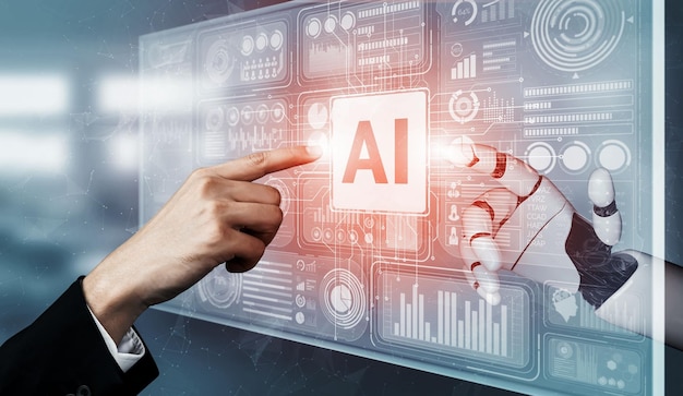 3D rendering artificial intelligence AI research of robot and cyborg development for future of people living Digital data mining and machine learning technology design for computer brain