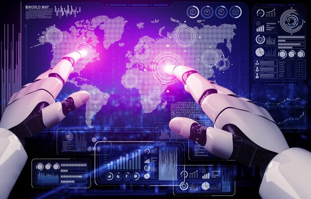 3D rendering artificial intelligence AI research of robot and cyborg development for future of people living Digital data mining and machine learning technology design for computer brain