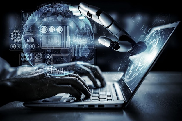 3D rendering artificial intelligence AI research of robot and cyborg development for future of people living Digital data mining and machine learning technology design for computer brain