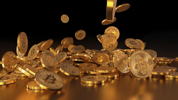 3D rendering Bitcoin currency, crypto currency, falling on a pile