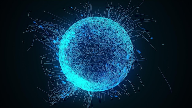 3d rendering computer generated sphere or ball of numerous neon particles and lines on a black background