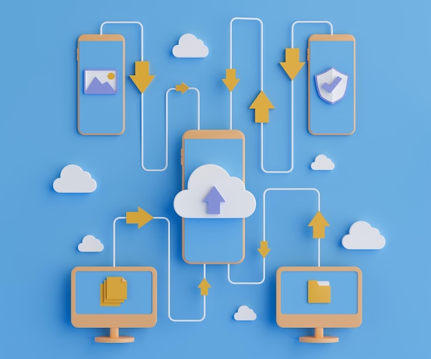 3d rendering concept cloud computing technology on computer and smartphone