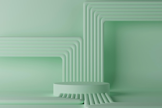 3d rendering empty cylinder podium with pipes on light green background