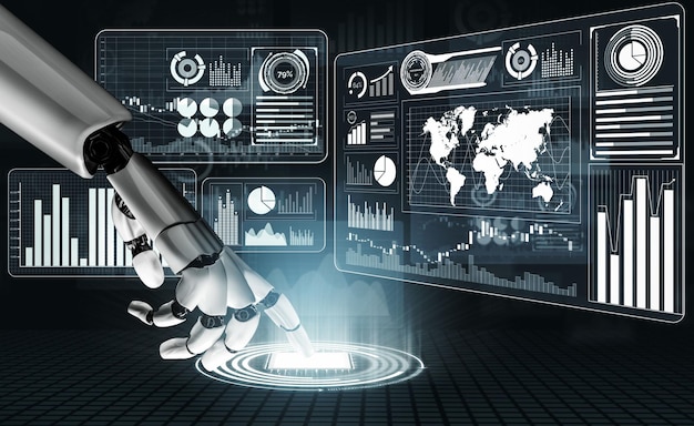 3D Rendering Futuristic robot technology development artificial intelligence AI and machine learning concept Global robotic bionic science research for future human life 3D illustration