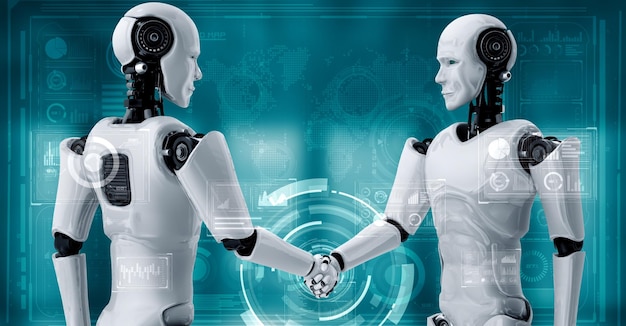3D rendering hominoid robot handshake to collaborate future technology