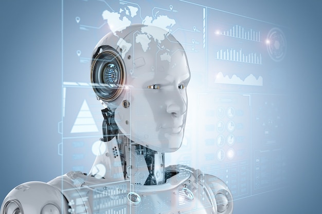3d rendering humanoid robot with digital graphic display