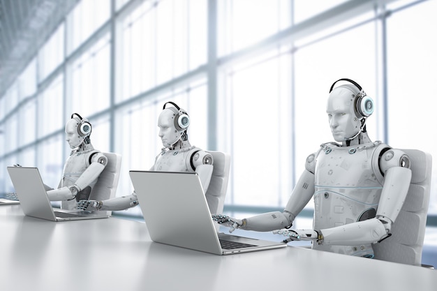 3d rendering humanoid robot working with headset and notebook