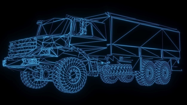 3D rendering illustration military truck blueprint glowing neon hologram futuristic show technology