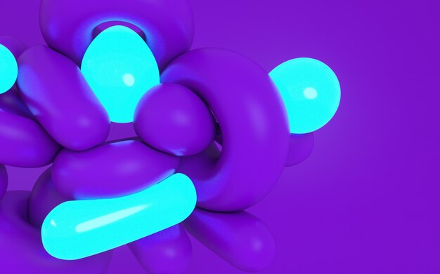 3d rendering illustration of soft dynamic shapes. Bold purple color and neon light material.