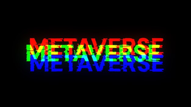 3d rendering metaverse text with screen effects of technological glitches