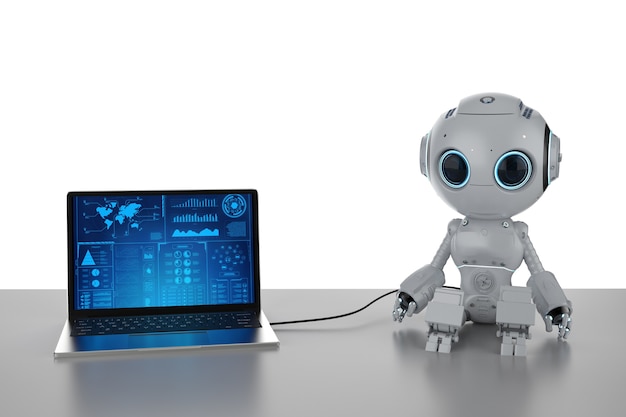 3d rendering mini robot with computer notebook on white background