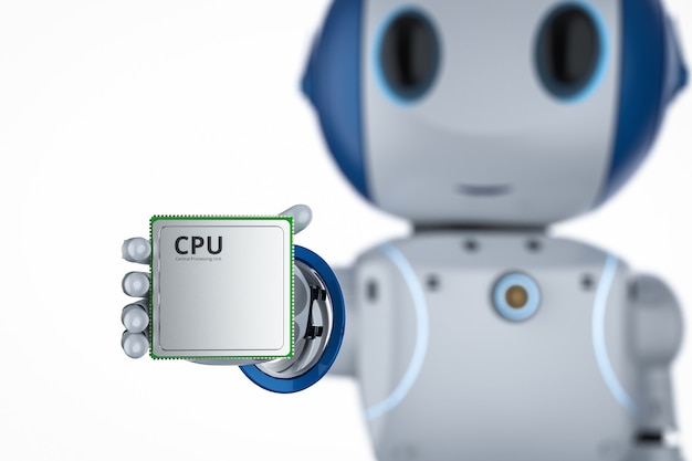 3d rendering mini robot with cpu chip isolated