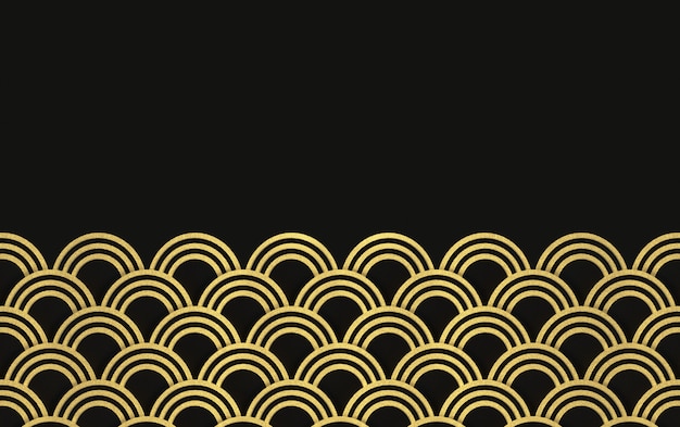 3d rendering. modern luxurious golden circle ring wave pattern on black wall design background.