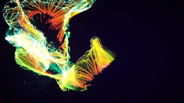 3d rendering of a colorful abstract stylish particle and plexus system on a dark background