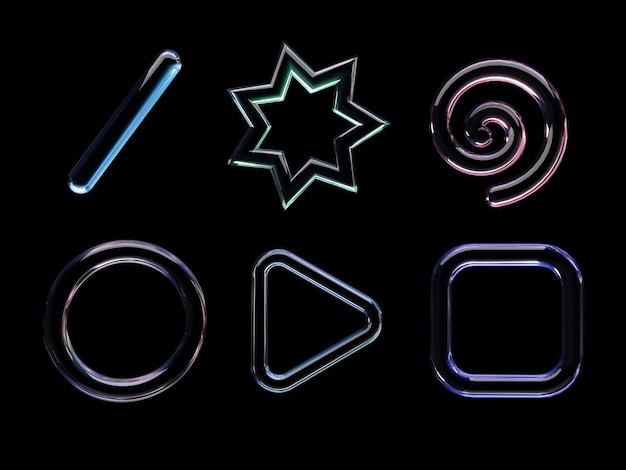 3D rendering of a set of geometric objects icons glass elements isolated on a black background