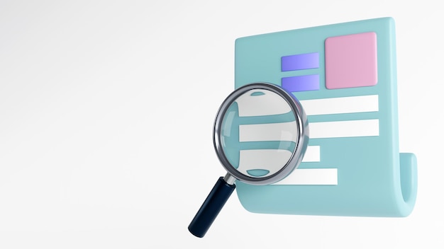 3d rendering of magnifying glass over paper document on white background